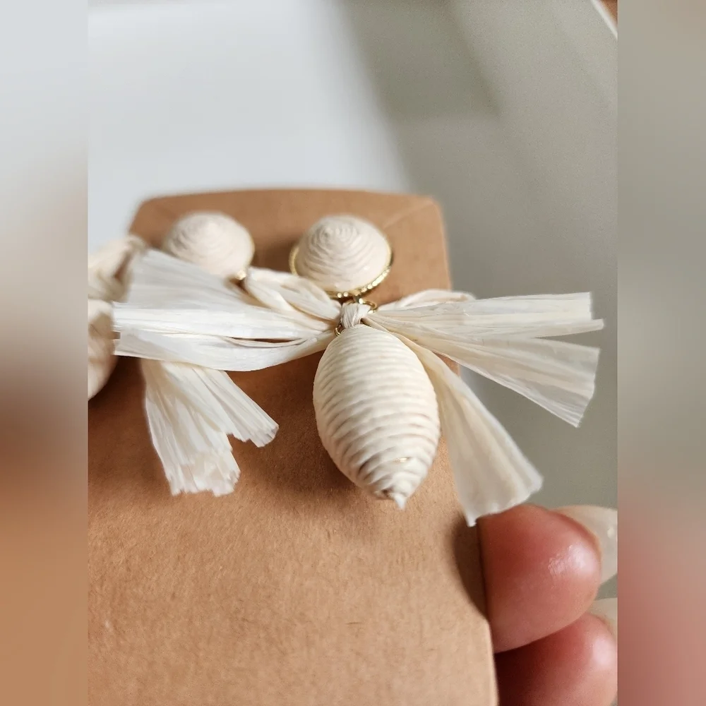 Cream Woven Paper Bow Drop Earrings Resort Statement OS